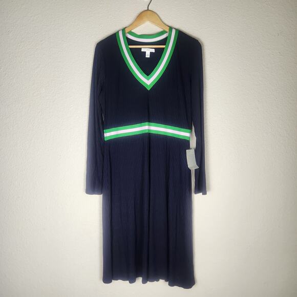 1901 Dresses & Skirts - NWT 1901 Striped Trim Navy Blue Long Sleeve Knee Length Sweater Dress, Large